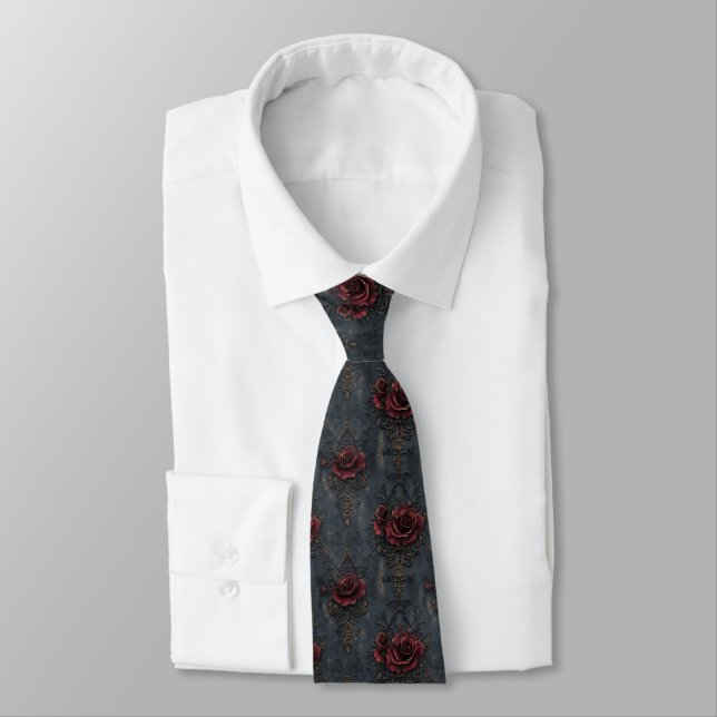 Elegant Vintage Gothic Pattern with Red Roses  Tie (Tied)