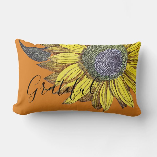 Elegant Vintage Grateful Sunflower Solid Orange Lumbar Cushion (Front)
