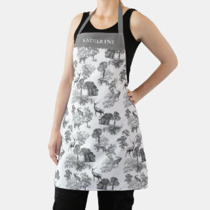 Elegant Vintage Gray Deer Toile with Name Apron