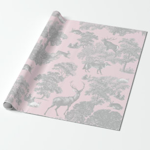 Elegant Vintage Gray Pink Toile Deer Woodland Wrapping Paper