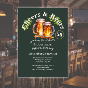 Elegant Vintage Green Cheers & Beers 50th Birthday Invitation