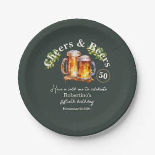 Elegant Vintage Green Cheers & Beers 50th Birthday Paper Plate