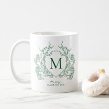 Elegant Vintage Green Floral Crest Monogram