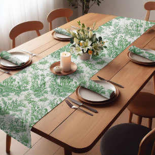 Elegant Vintage Green French Toile de Jouy Short Table Runner