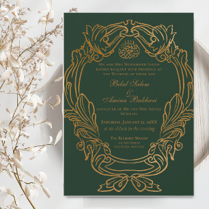 Elegant Vintage Green Gold Frame Islamic Wedding Invitation