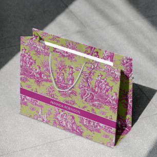 Elegant vintage green pink toile de jouy large gift bag