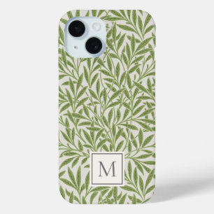 Elegant Vintage Green Willow Leaves Monogram iPhone 15 Case