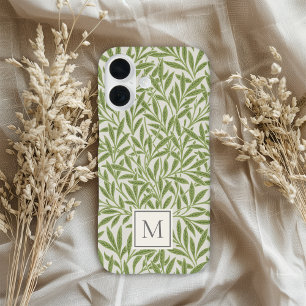 Elegant Vintage Green Willow Leaves Monogram iPhone 16 Case