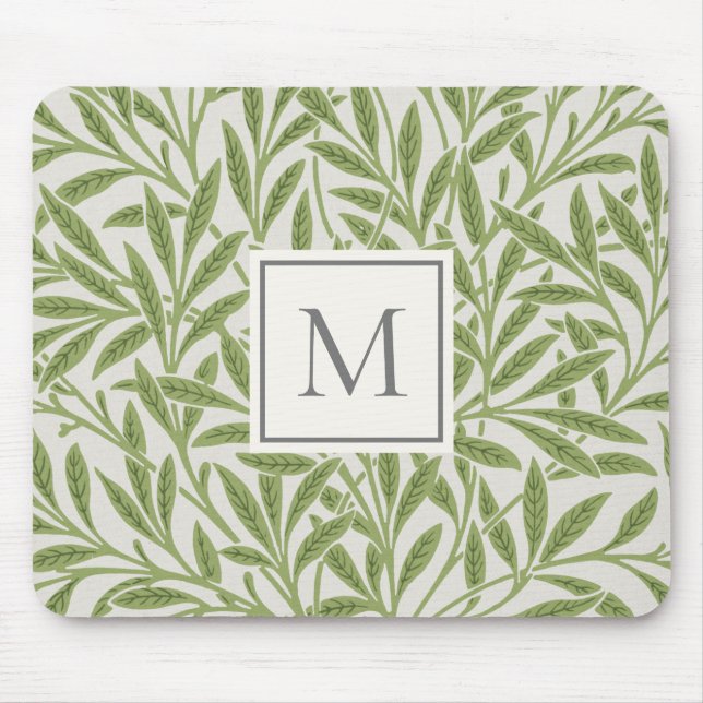 Elegant Vintage Green Willow Leaves Monogram Mouse Pad (Front)
