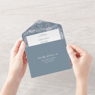 Elegant Vintage Grey-Blue Wedding Invitation with