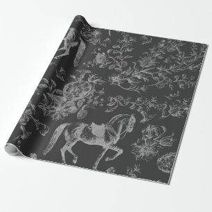 Elegant Vintage Grey Horse Floral Pattern Wrapping Paper