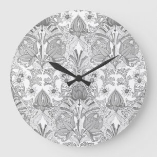 Elegant Vintage Grey White Flowers Pattern Large Clock
