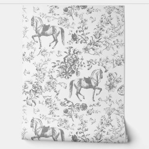 Elegant Vintage Grey White Horse Floral Pattern Wallpaper