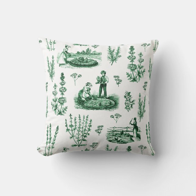 Elegant Vintage Herbal Garden Sage Green Toile Cushion (Front)