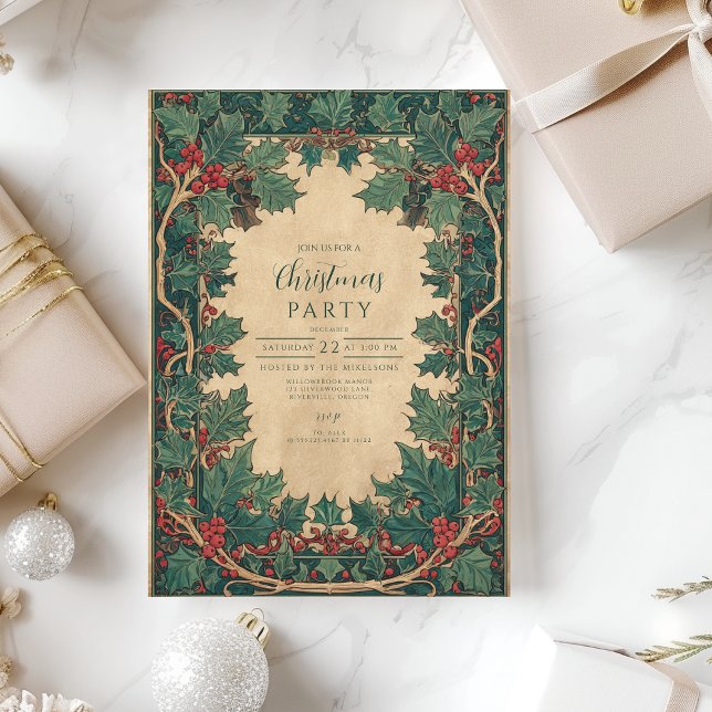 Elegant Vintage Holly Christmas Party Invitation (Creator Uploaded)