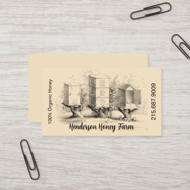 Elegant Vintage Honey Bee Hives Business Card (Front/Back In Situ)