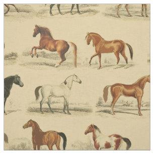 Elegant Vintage Horse Breeds Pattern on Beige Fabric