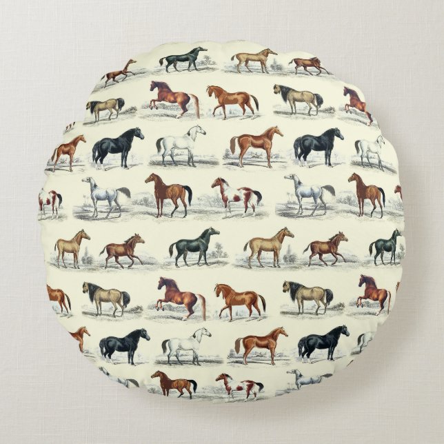 Elegant Vintage Horse Breeds Pattern Round Cushion (Front)