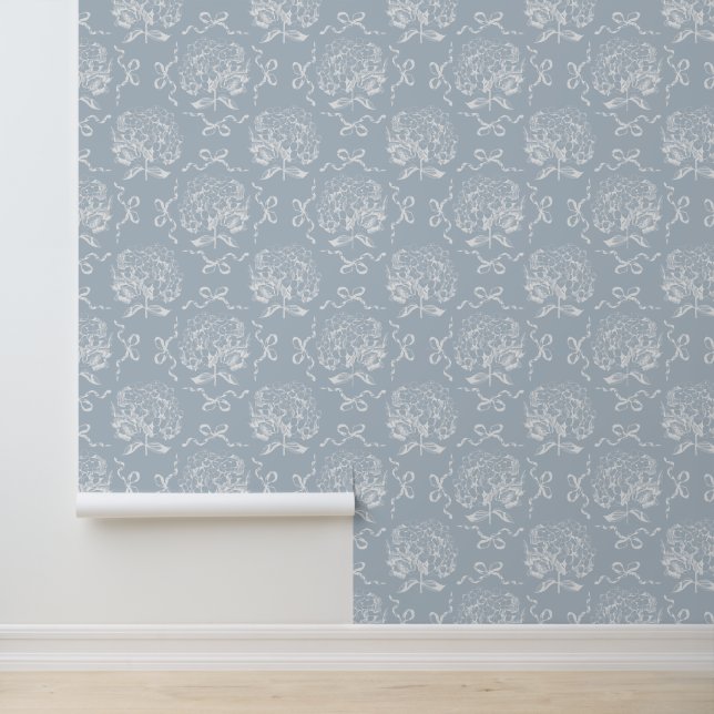 Elegant Vintage Hydrangea Bow Soft Blue Pattern Wallpaper (Application)