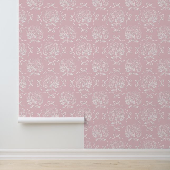 Elegant Vintage Hydrangea Bow Soft Pink Pattern Wallpaper (Application)