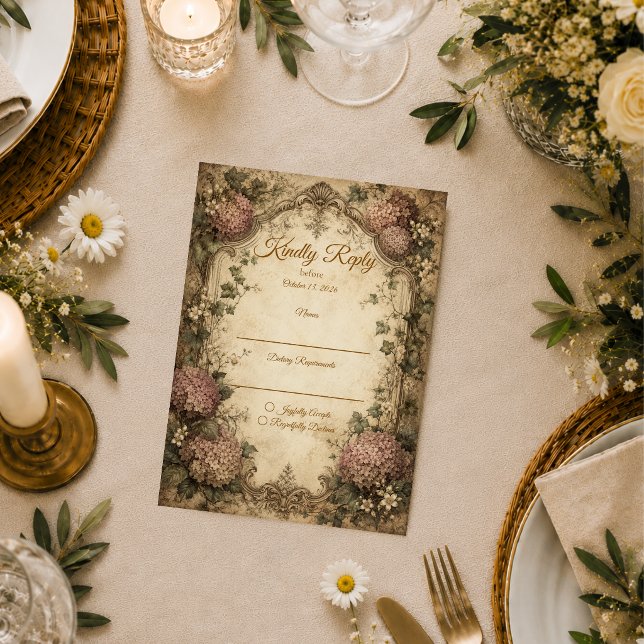 Elegant Vintage Hydrangea Wedding RSVP Card (Creator Uploaded)
