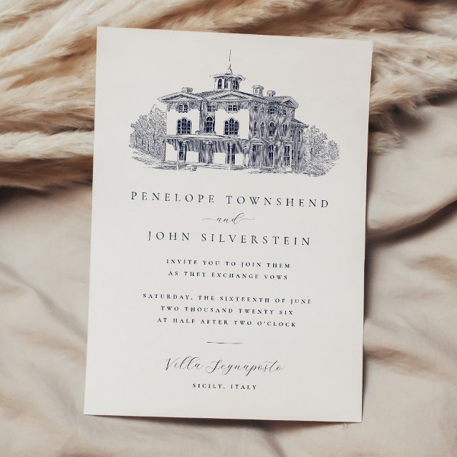 Elegant Vintage Italian Villa Destination Wedding Invitation (Elegant vintage illustration of an Italian villa on a wedding invitation)