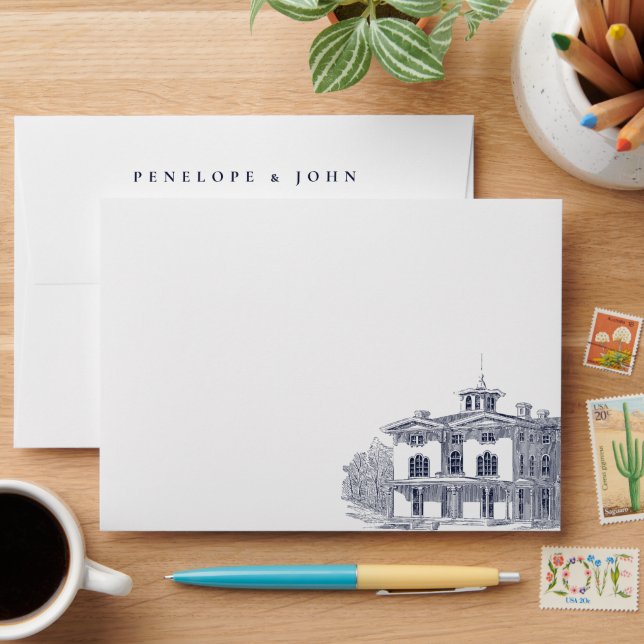 Elegant Vintage Italian Villa Illustration Wedding Envelope (Desk)