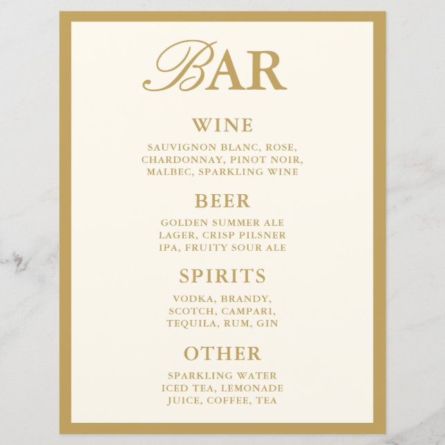Elegant Vintage Ivory Bar Menu Wedding Tabletop (Front)