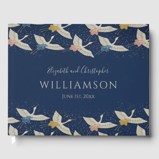 Elegant Vintage Japanese Cranes Blue Wedding Guest Book (Front)