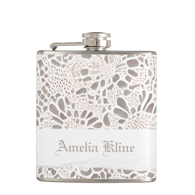 Elegant Vintage Lace and Linen Custom Hip Flask (Front)