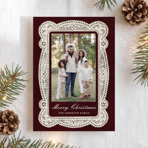 Elegant Vintage Lace Burgundy Christmas Photo Holiday Card
