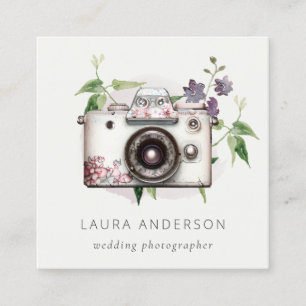 Elegant Vintage Leafy Floral Camera Photography Square Business Card