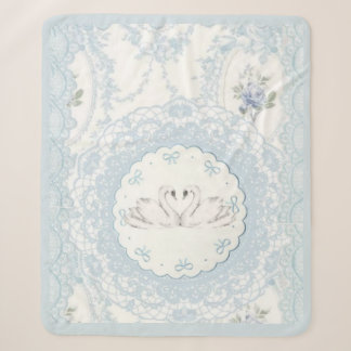 Elegant Vintage Light Blue Swan and Lace Medallion Sherpa Blanket