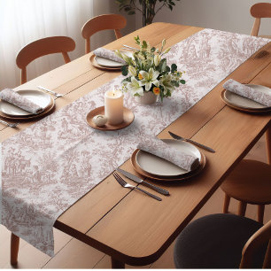 Elegant vintage light brown toile de jouy printed short table runner