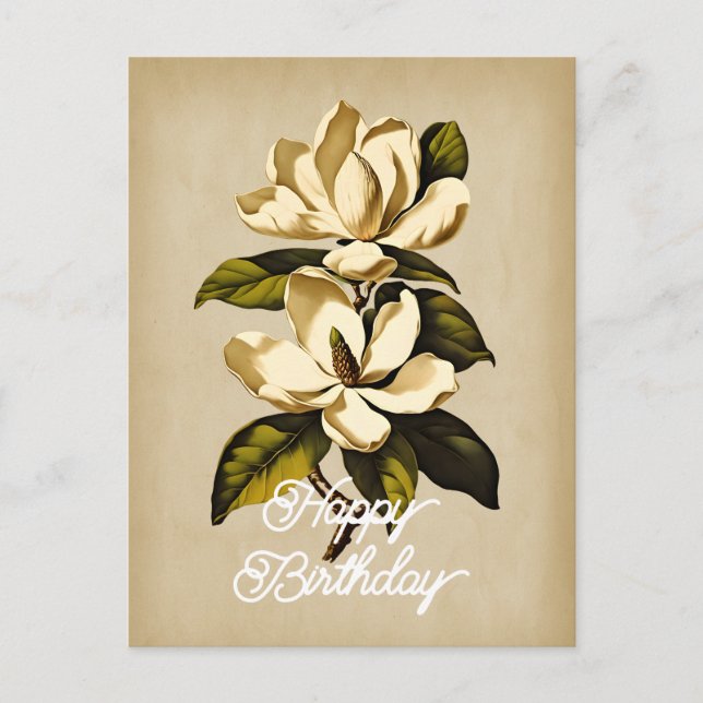 Elegant Vintage Magnolia Flower Happy Birthday Postcard (Front)