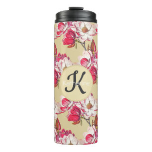 Elegant Vintage Magnolia Pink Flower Beige Name Thermal Tumbler
