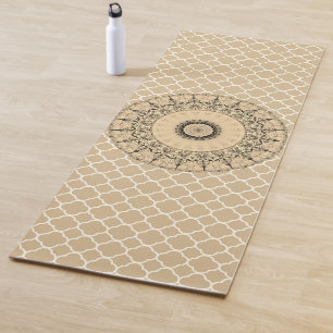 Elegant Vintage Mandala on Tan Quatrefoil Yoga Mat
