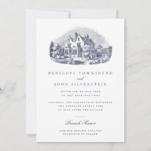 Elegant Vintage Manor House Illustration Wedding Invitation