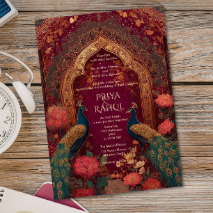 Elegant Vintage Maroon Gold Peacock Indian Wedding Invitation