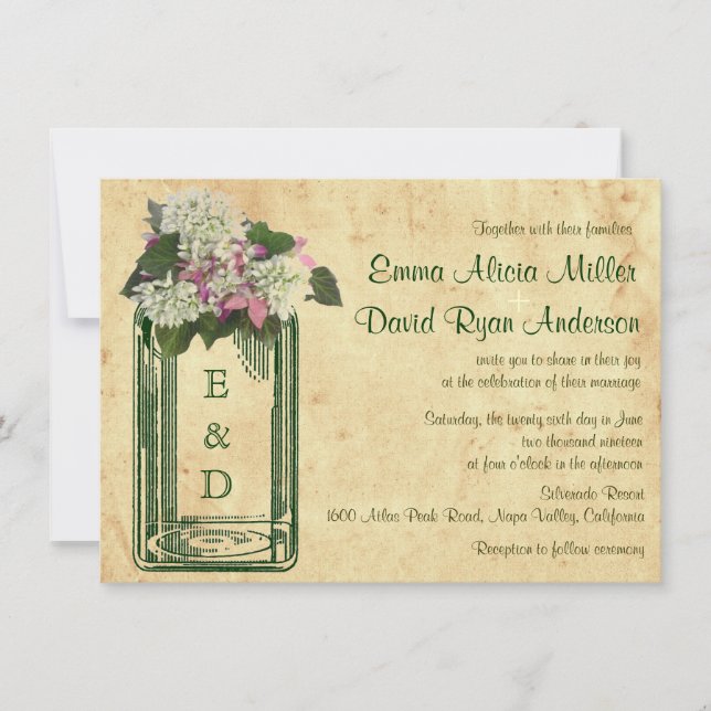 Elegant Vintage Mason Jar Hydrangea Wedding Invite (Front)