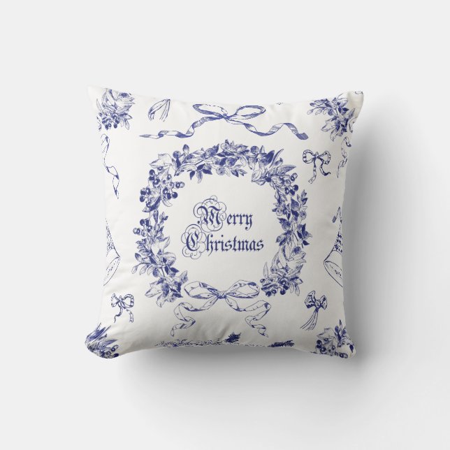 Elegant Vintage Merry Christmas Bows Blue Toile Cushion (Front)
