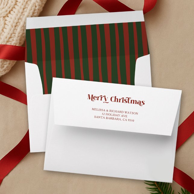 Elegant Vintage Merry Christmas Red Green Stripe Envelope (Elegant timeless red & green stripe pattern Christmas envelopes with retro font )
