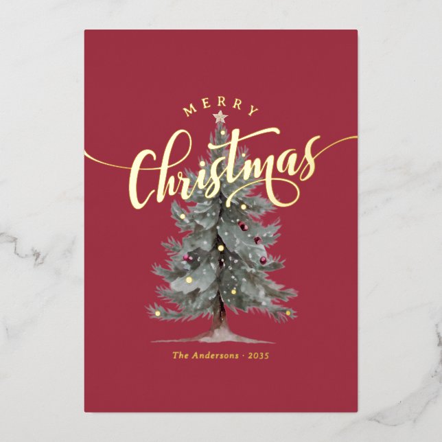 Elegant Vintage Merry Christmas Script Rustic Tree (Front)