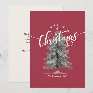 Elegant Vintage Merry Christmas Script Rustic Tree Holiday Card