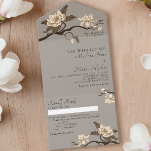 Elegant Vintage Minimal Grey Magnolia Wedding All In One Invitation