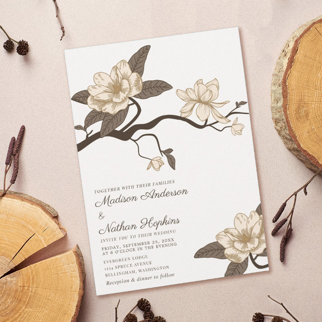 Elegant Vintage Minimal Magnolia Wedding Invitation (Creator Uploaded)
