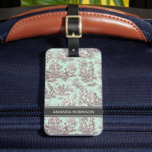 Elegant vintage mint grey toile de jouy luggage tag