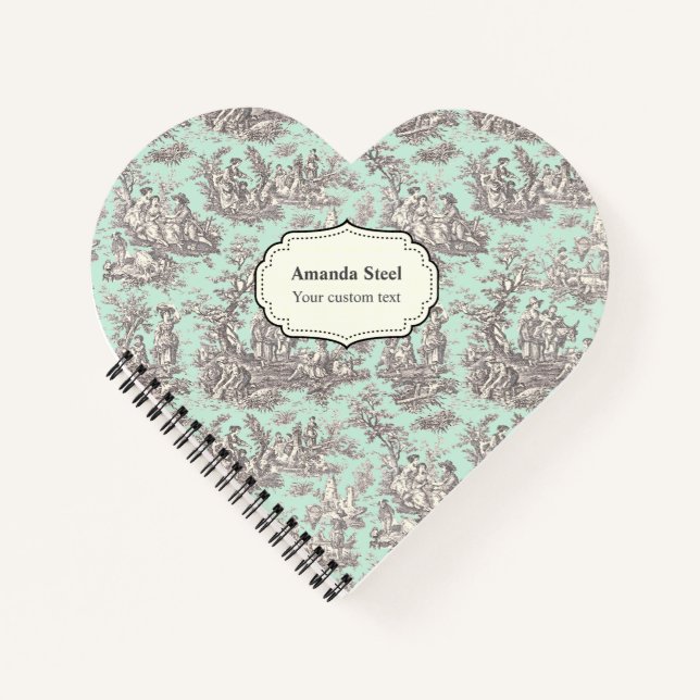 Elegant vintage mint toile de jouy heart notebook (Front)