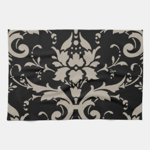 Elegant Vintage Modern Silver Damask on Black Towe Tea Towel