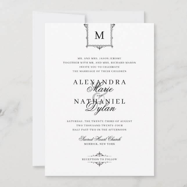 Elegant Vintage Monogram Black and White Wedding Invitation (Front)